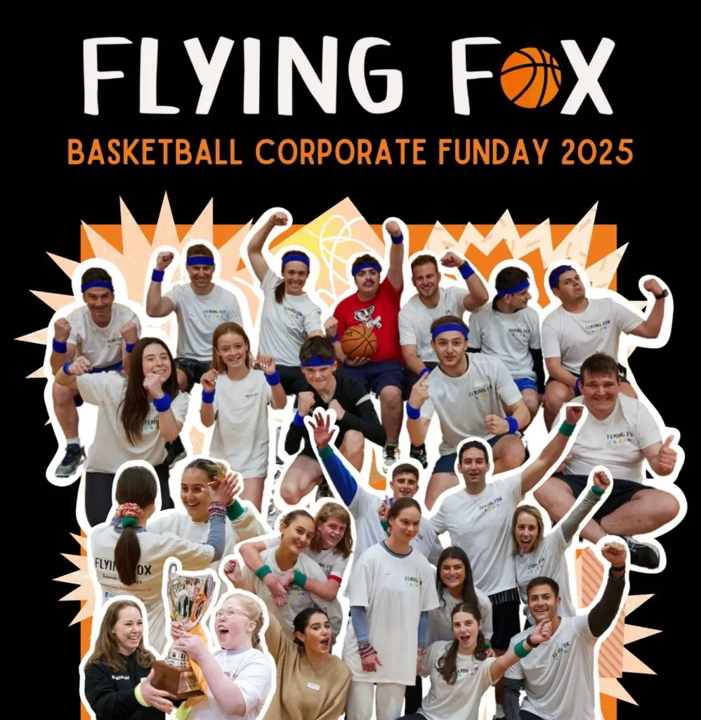 Basketball Corporate Funday 2025 poster, with the Flying Fox logo at the top, and a collage of photos of teams posing together.